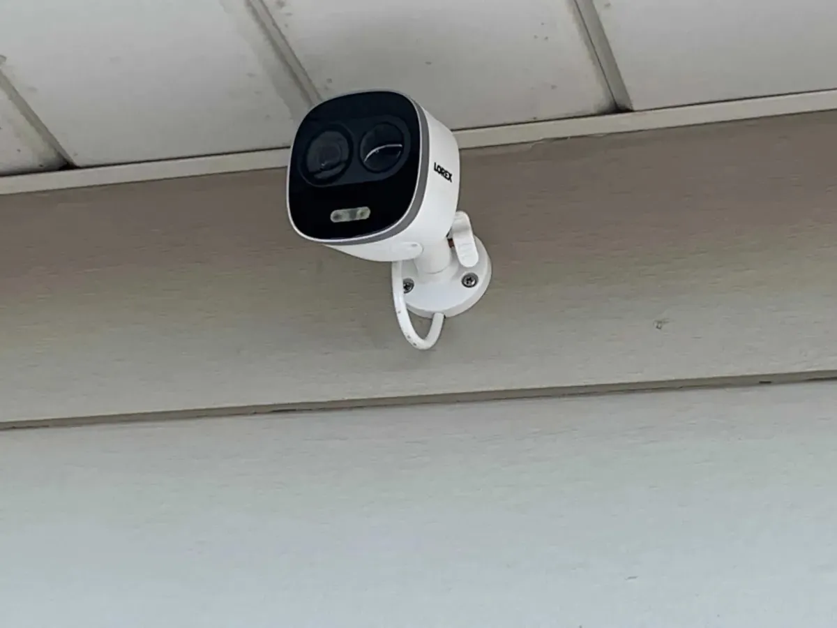 Security camera mounted on a storage building